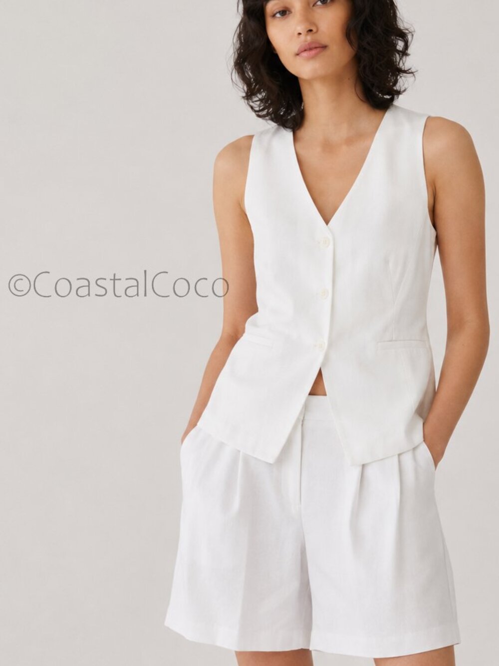 Gap Linen-Blend Women's M Tall Longline Vest Button Front Ivory Preppy Career